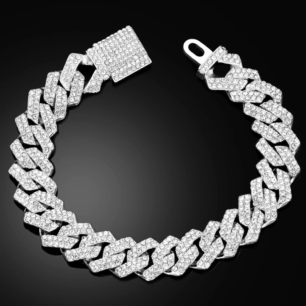 Pulseras de cadena cubana con eslabones helados de 14MM para hombres y mujeres, diamantes de imitación completos, pulsera cubana gruesa de Miami, regalo de joyería Punk Hip Hop