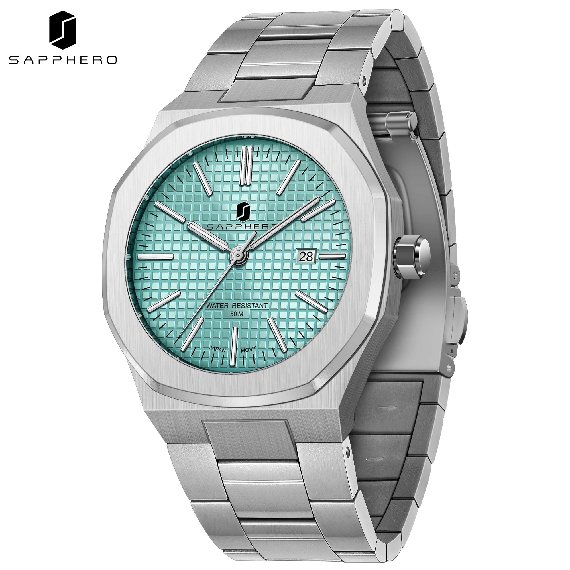 Reloj de cuarzo SAPPHERO para hombre, de acero inoxidable, resistente al agua hasta 50M, con indicador de fecha, manecillas luminosas, reloj de pulsera elegante para negocios, regalo duradero