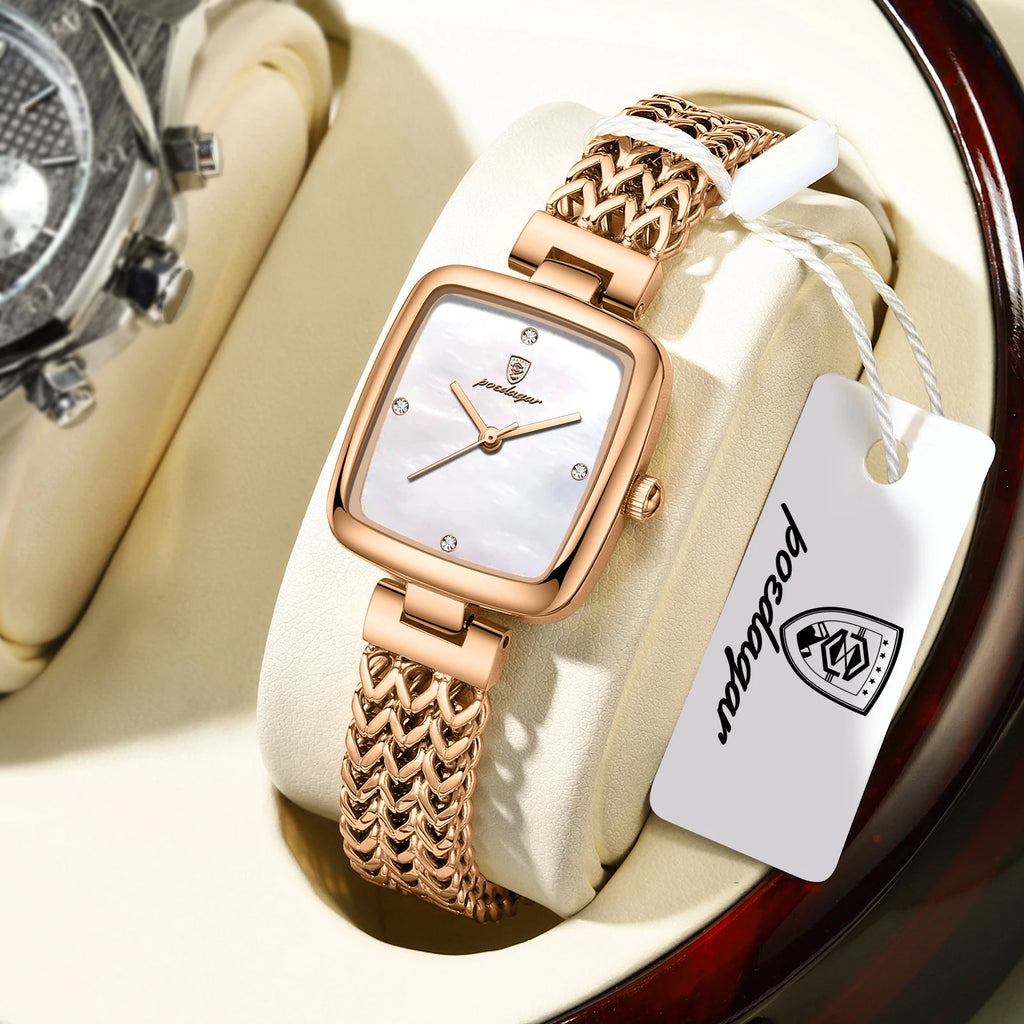 Reloj elegante cuadrado POEDAGAR para mujer, resistente al agua, de acero inoxidable, reloj de lujo para mujer, exquisito reloj de pulsera de cuarzo para dama.