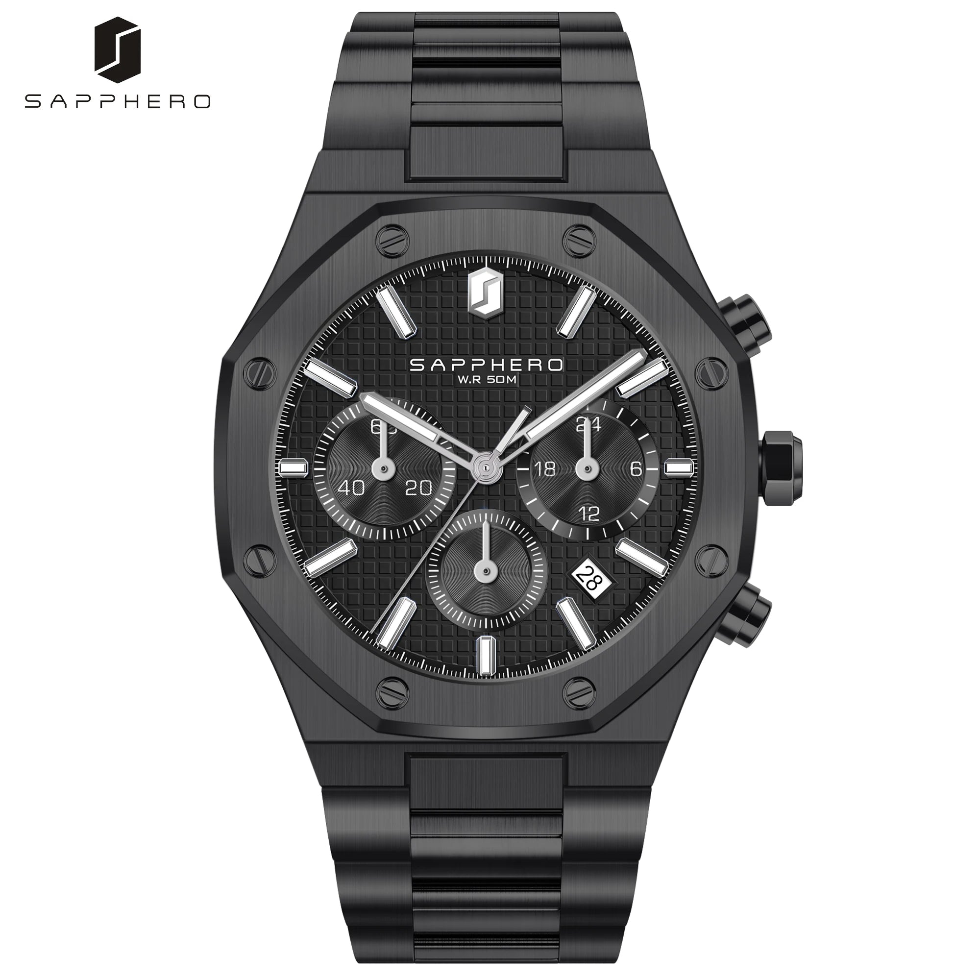 SAPPHERO Reloj Cronógrafo Hombre Cuarzo Resistente al Agua 50M Correa Acero Inoxidable Lujo Deportivo Negocios Esfera Azul Diseño Elegante Alta Precisión Ideal para Uso Diario Oficina y Regalo