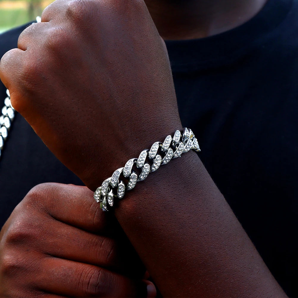 Pulseras de cadena cubana con eslabones helados de 14MM para hombres y mujeres, diamantes de imitación completos, pulsera cubana gruesa de Miami, regalo de joyería Punk Hip Hop