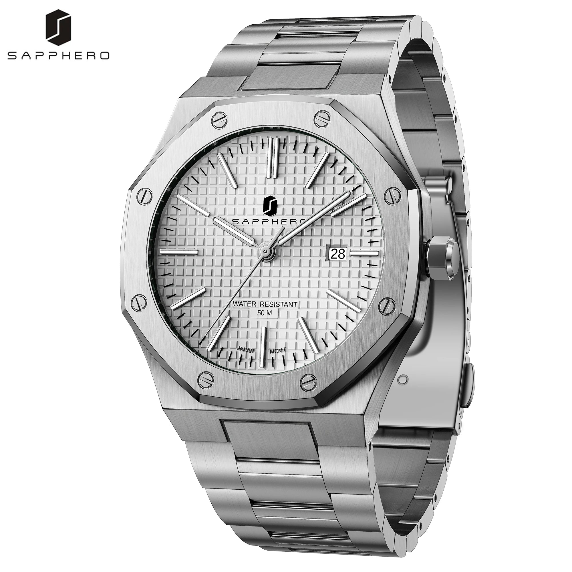 SAPPHERO Reloj analógico hombre, acero inoxidable movimiento cuarzo alta precisión, visualización fecha, impermeable 50M, estilo negocio casual, resistente arañazos duradero, regalo ideal cumpleaños fiesta uso diario l