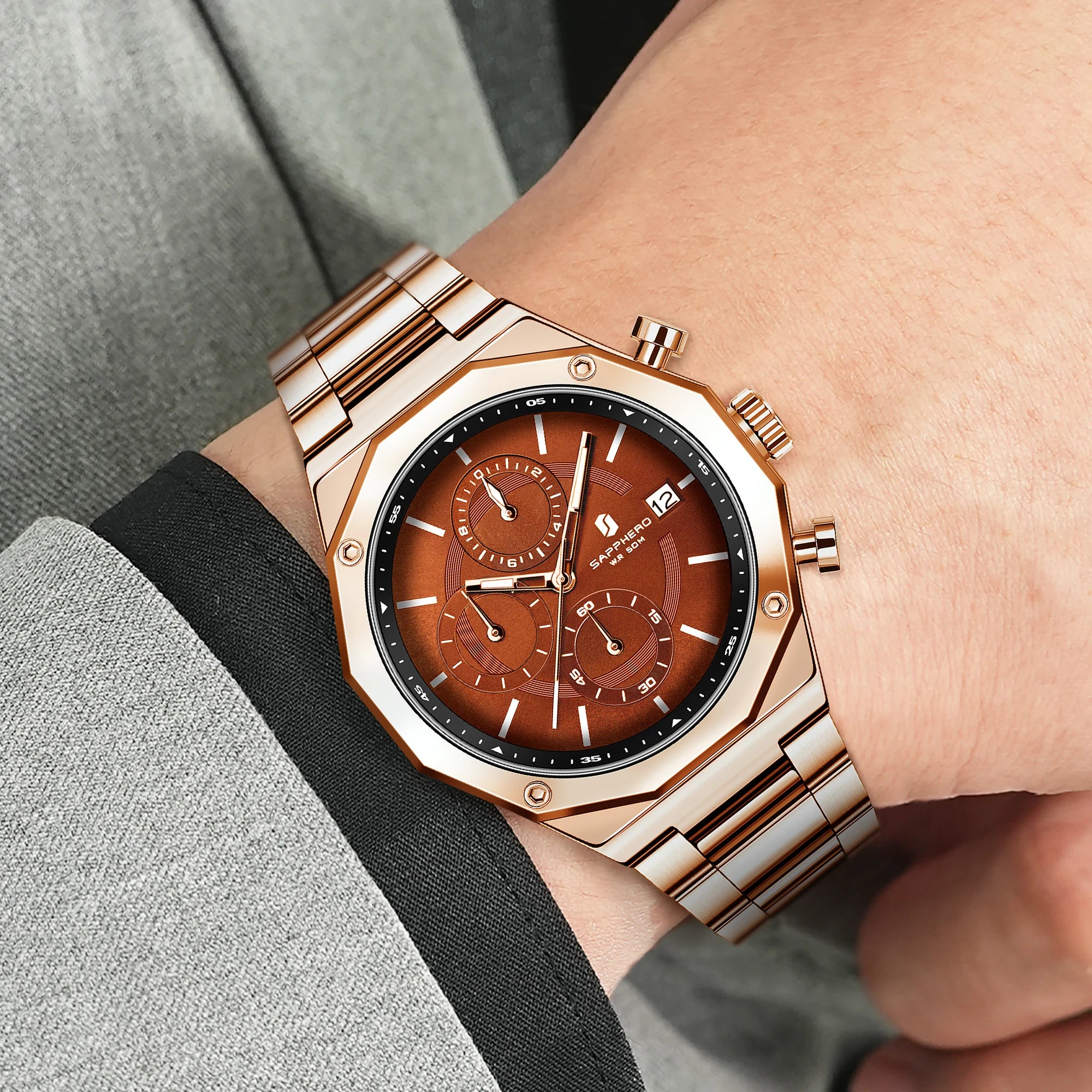 SAPHERO Reloj Cronógrafo Hombre de Cuarzo 5ATM Impermeable Acero Inoxidable con Fecha, Regalo Perfecto para Padre, Esposo, Novio para Navidad, Cumpleaños, San Valentín