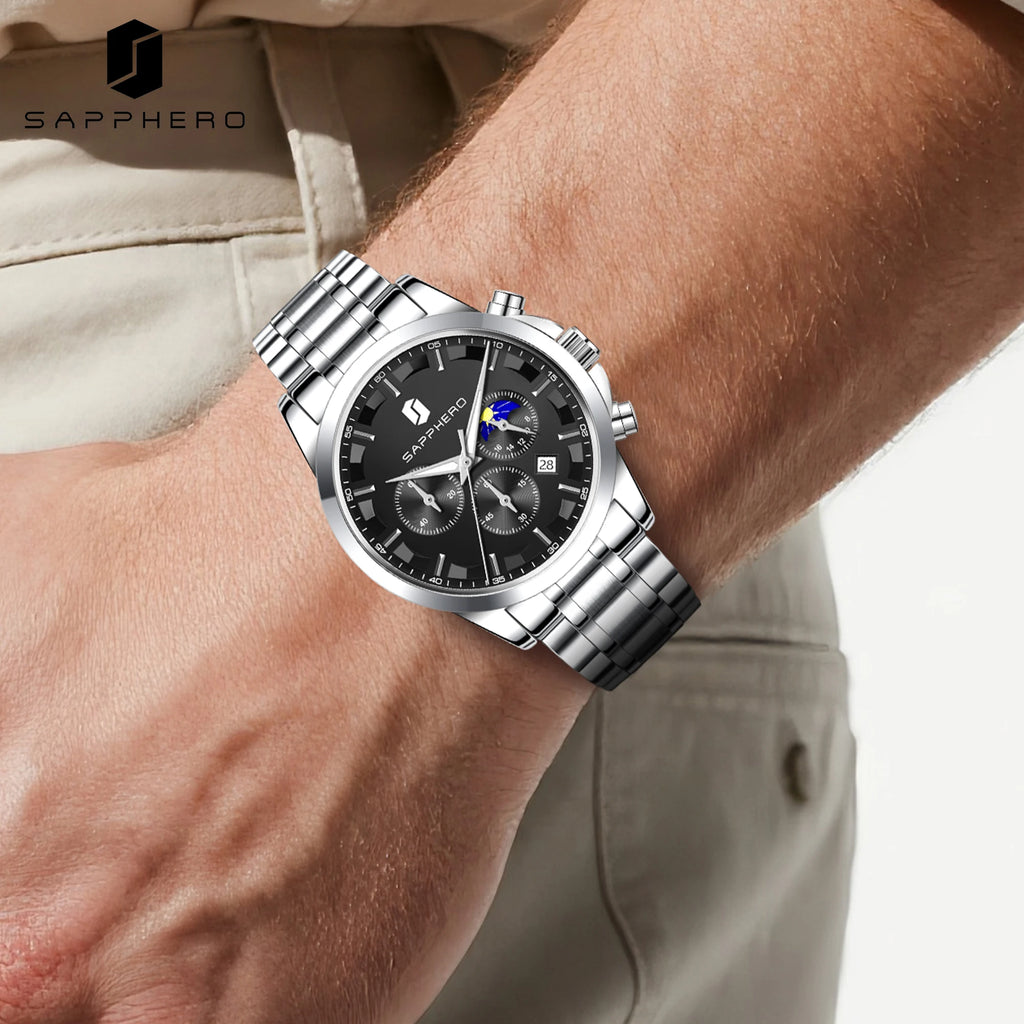 SAPPHERO Reloj Cronógrafo Hombre Lujo Esfera Negra Cristal Hardlex Correa Acero Inoxidable Impermeable 50M Reloj Deportivo Elegante Negocios Regalo Hombre Estilo Casual Uso Diario
