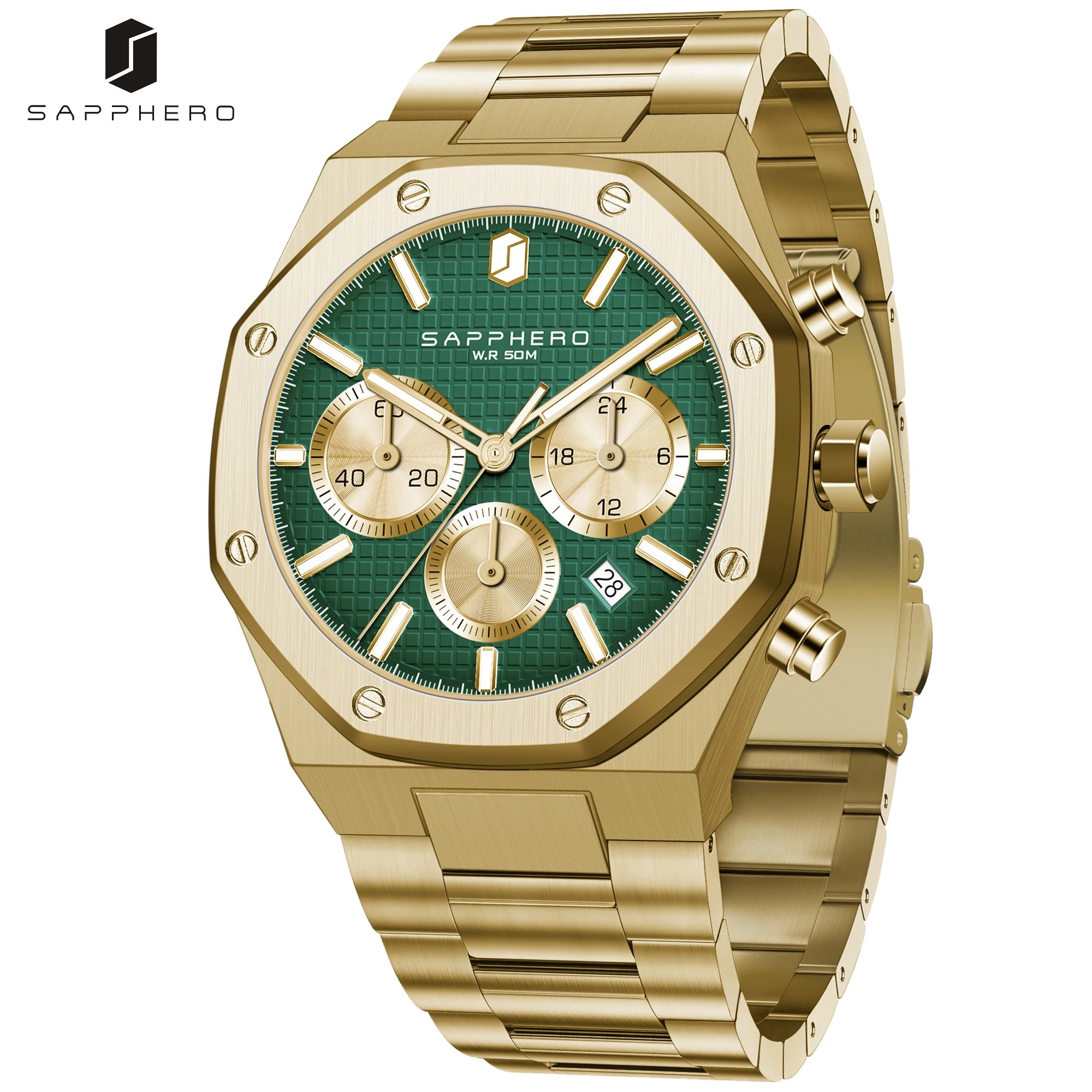 SAPPHERO Reloj Cronógrafo Hombre Cuarzo Resistente al Agua 50M Correa Acero Inoxidable Lujo Deportivo Negocios Esfera Azul Diseño Elegante Alta Precisión Ideal para Uso Diario Oficina y Regalo