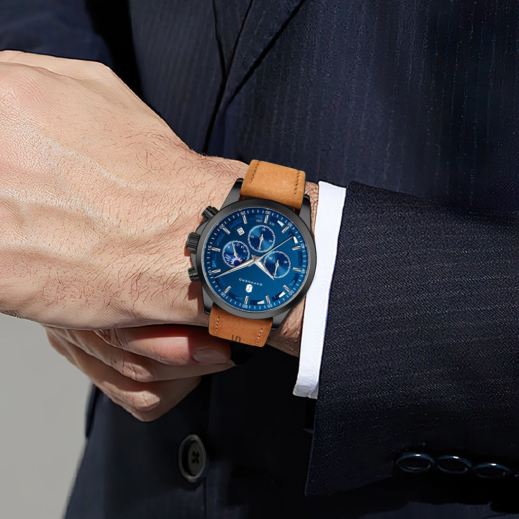 SAPPHERO Reloj Cronógrafo de Cuarzo para Hombre, Impermeable 5ATM, Cristal Hardlex, Correa de Cuero, Reloj Deportivo, Regalo Perfecto para Hombres