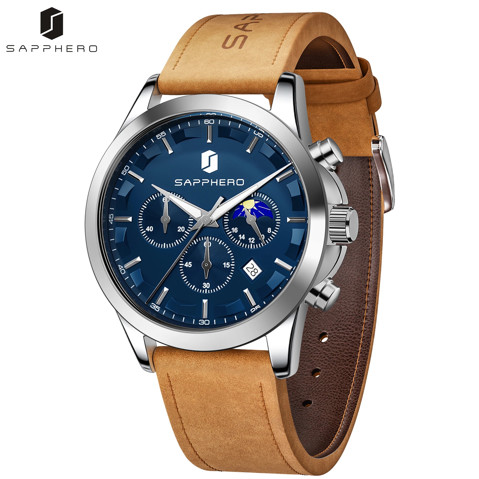 SAPPHERO Reloj Cronógrafo de Cuarzo para Hombre, Impermeable 5ATM, Cristal Hardlex, Correa de Cuero, Reloj Deportivo, Regalo Perfecto para Hombres